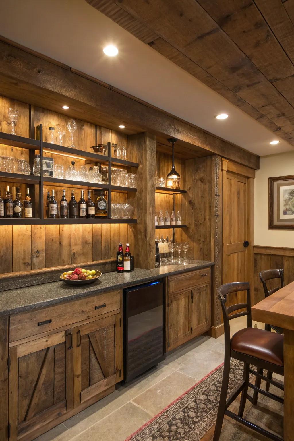 Rustic wooden panels infuse warmth and allure into any home bar setting.