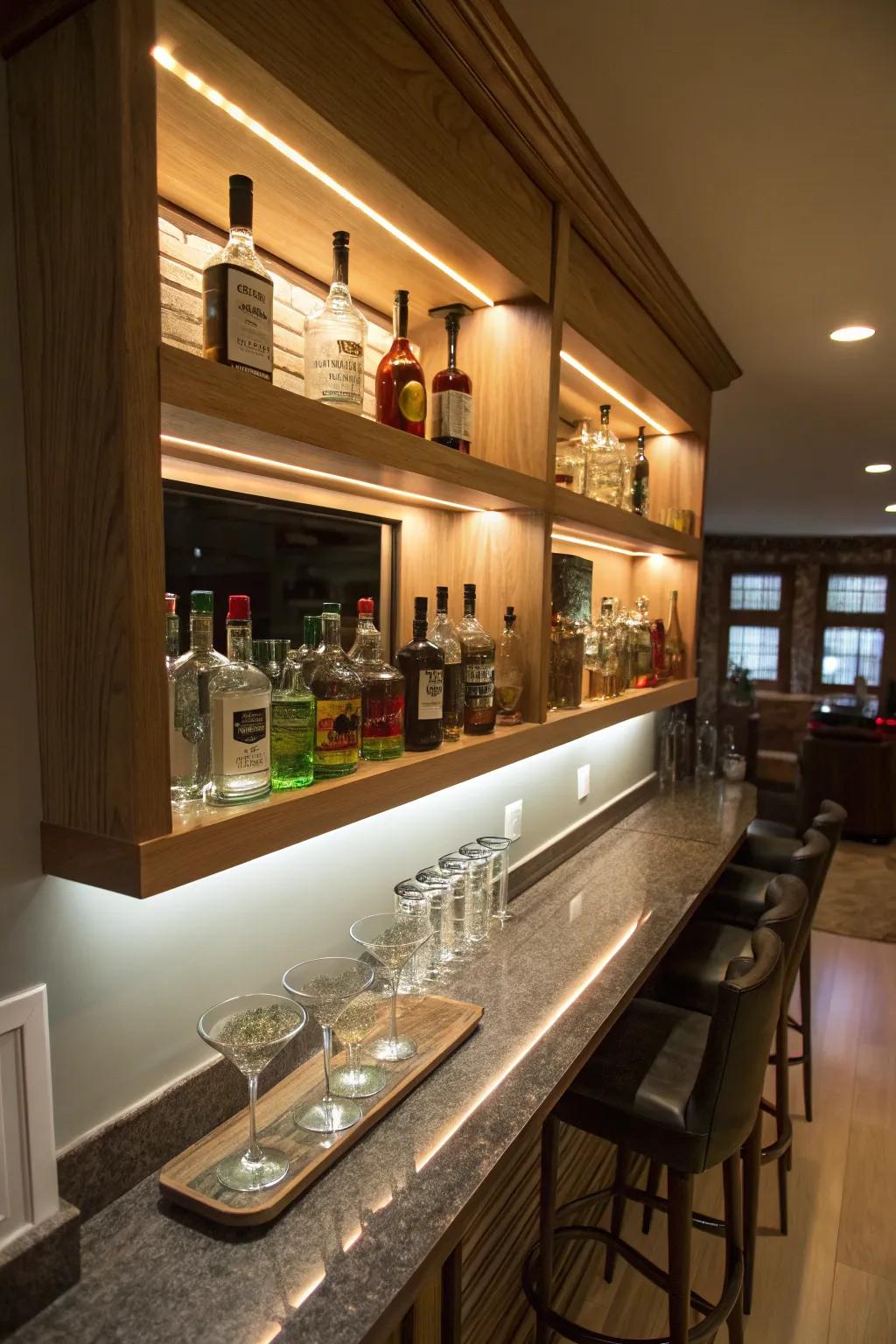 Floating shelves featuring LED lighting for a contemporary home bar.
