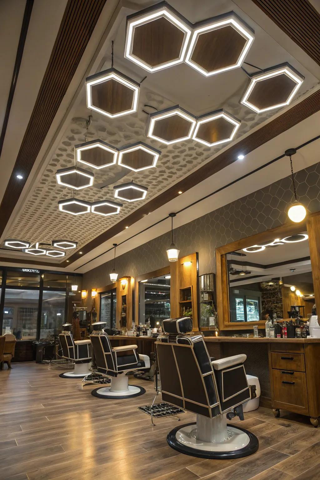 A contemporary barbershop highlighted by impressive geometric ceiling lights.
