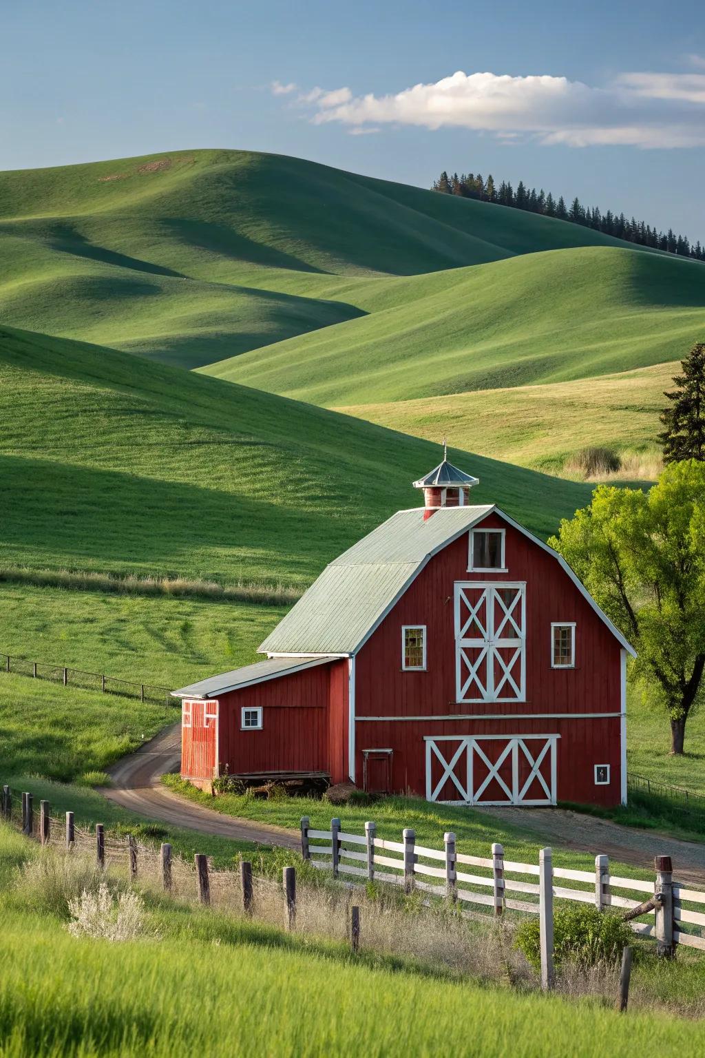 A traditional red barn with white trim, fitting harmoniously into its natural landscape.
