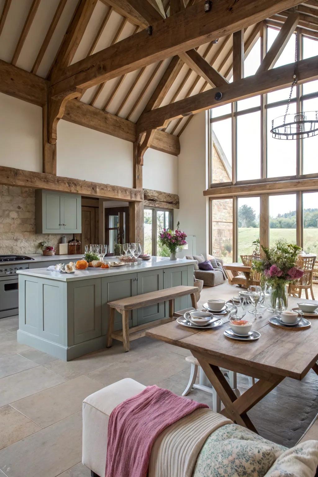 Open layouts amplify both area and illumination in barn revivals.