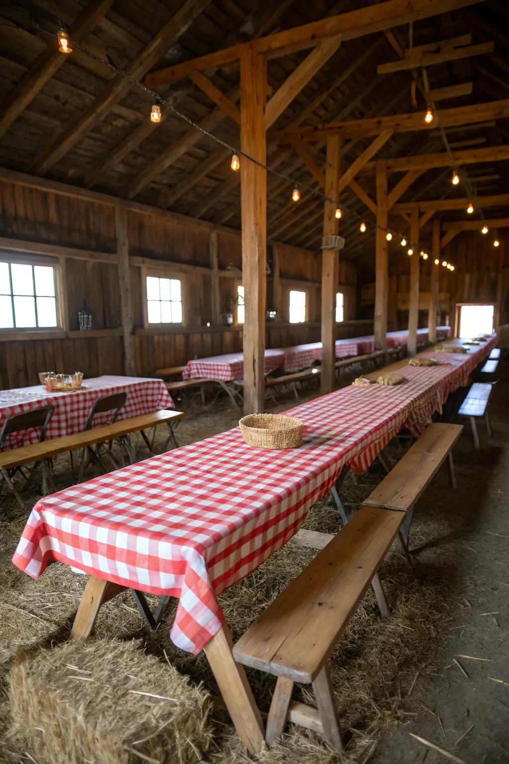 Checkered tablecloths introduce a rustic charm to any barn setting.