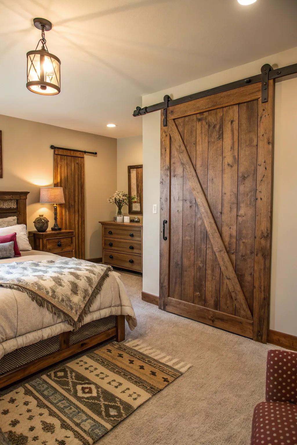An inviting bedroom showcases a weathered timber gate, enriching the scene with both coziness and distinction.