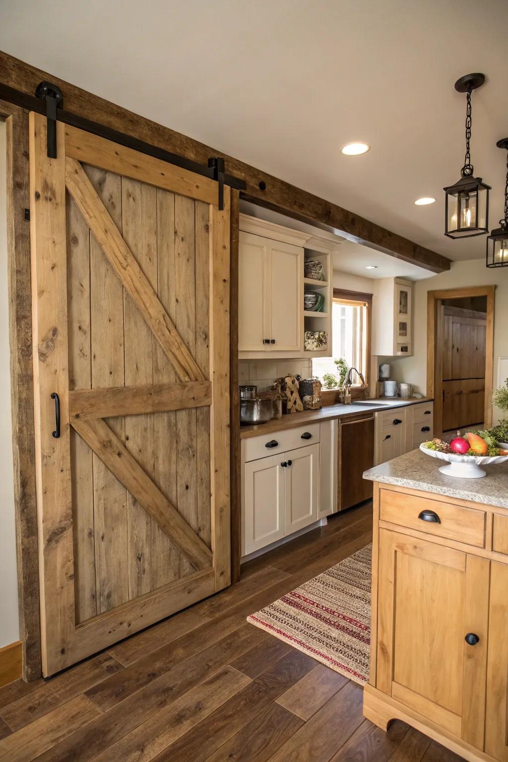 A rustic kitchen featuring a sliding barn door pantry crafted from natural timber.