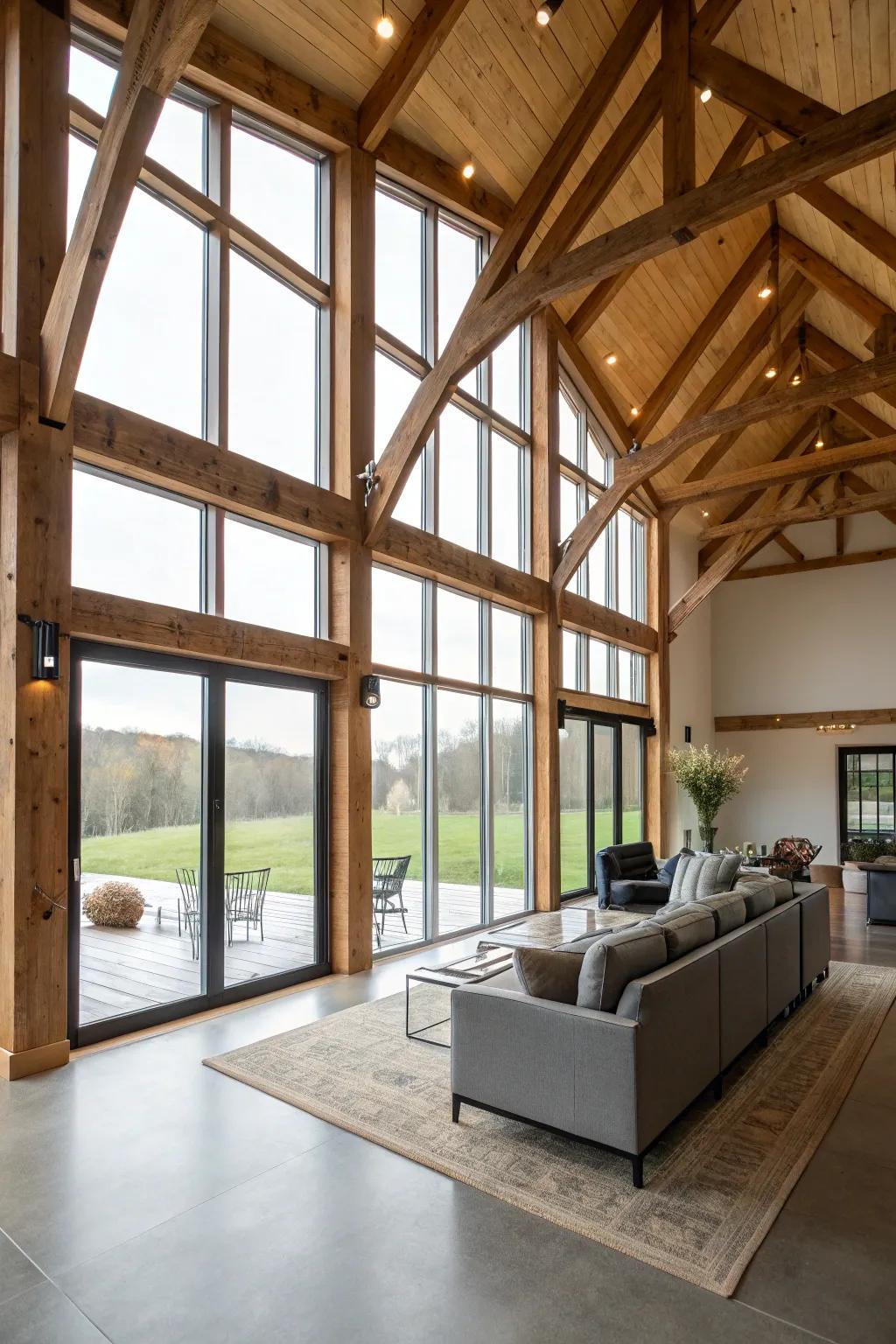 This barndominium living room beautifully combines modern and rustic design.