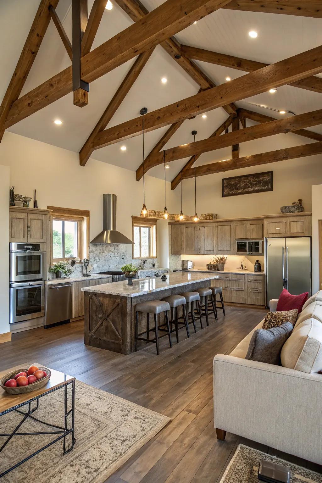 An open layout elegantly merges the kitchen with the living spaces.