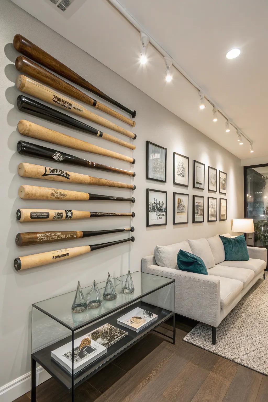 A striking exhibit on the wall formed by baseball bats.