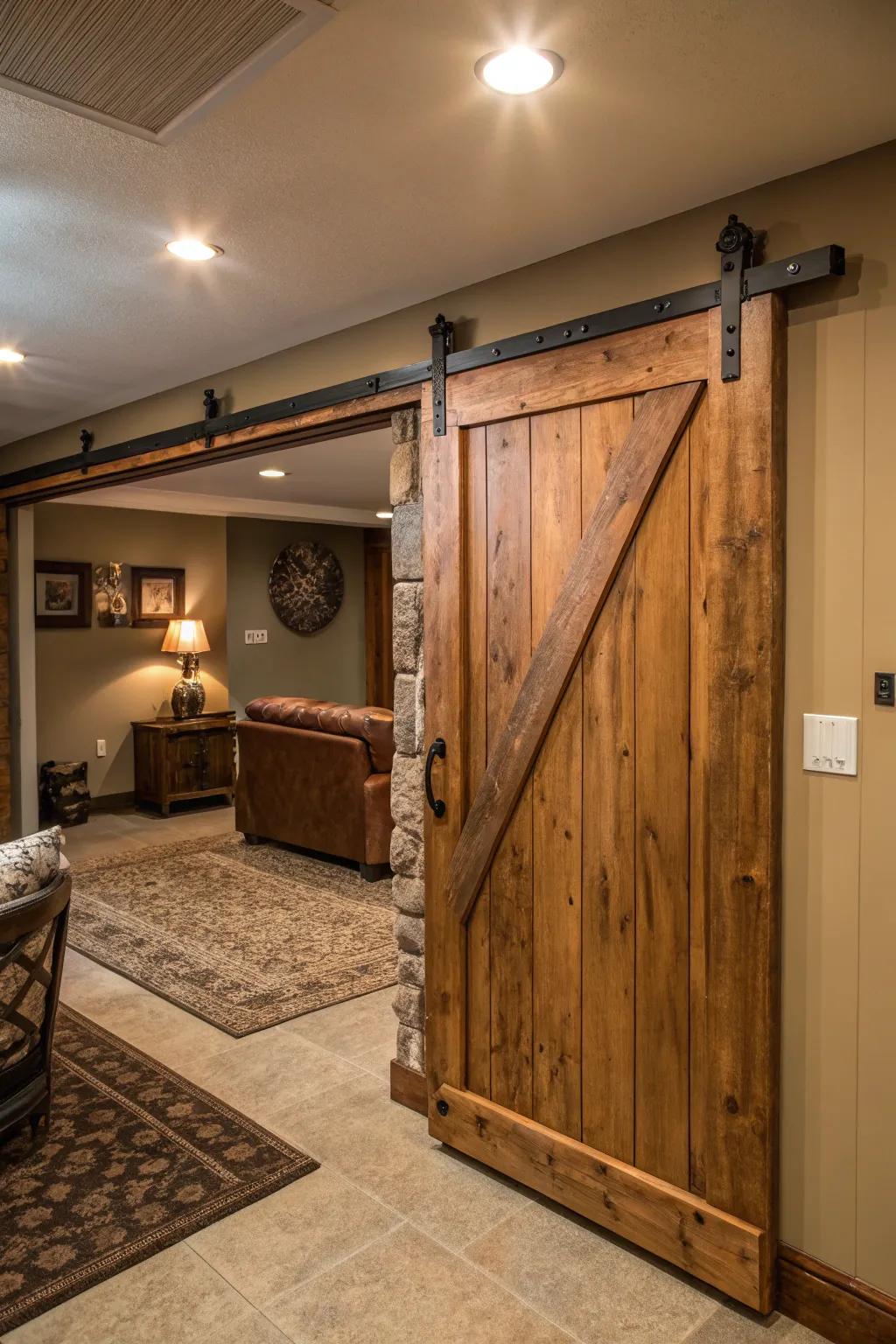 A rustic sliding barn door enriches the basement with charm and efficient space utilization.