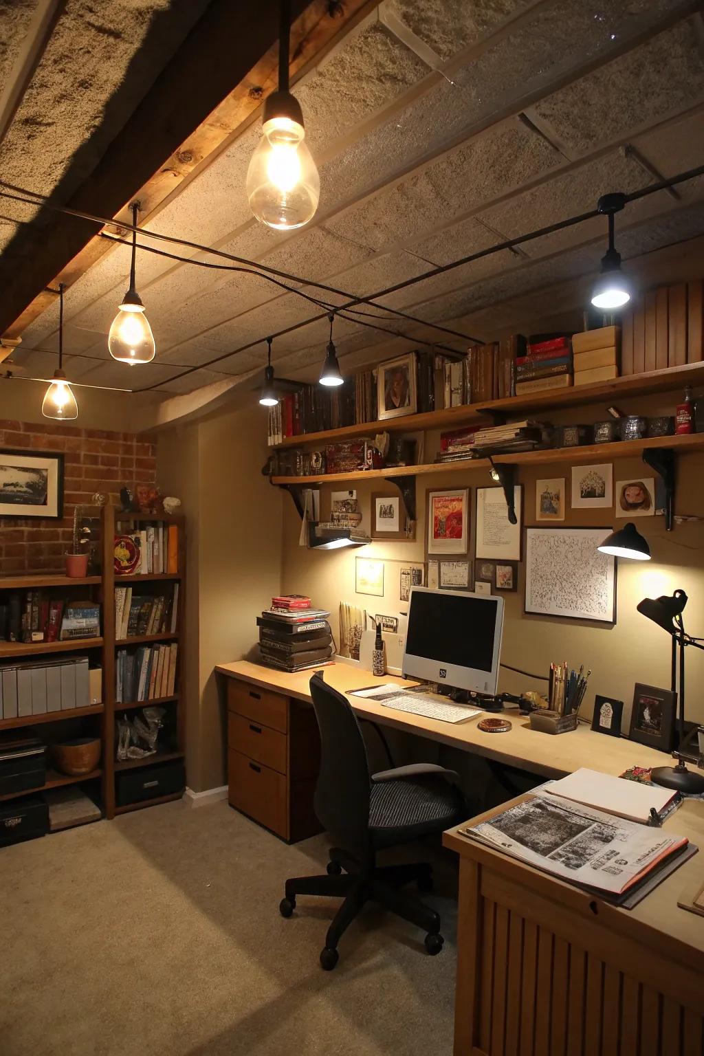 Layered lighting breathes life into a basement, turning it into an inviting office.