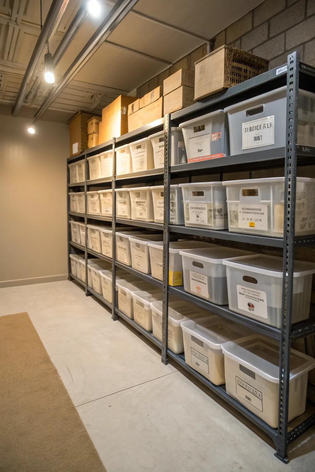 High shelving systems leverage all vertical space in the basement.