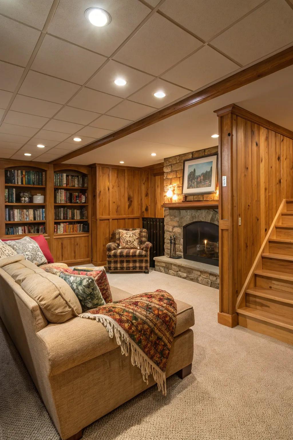 Natural wood paneling makes any basement feel inviting and warm.