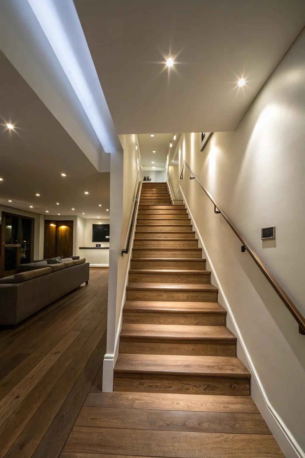 Update your basement stairs with integrated lighting.