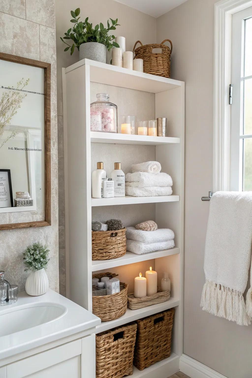 Open shelves transform everyday bathroom items into a sophisticated display.