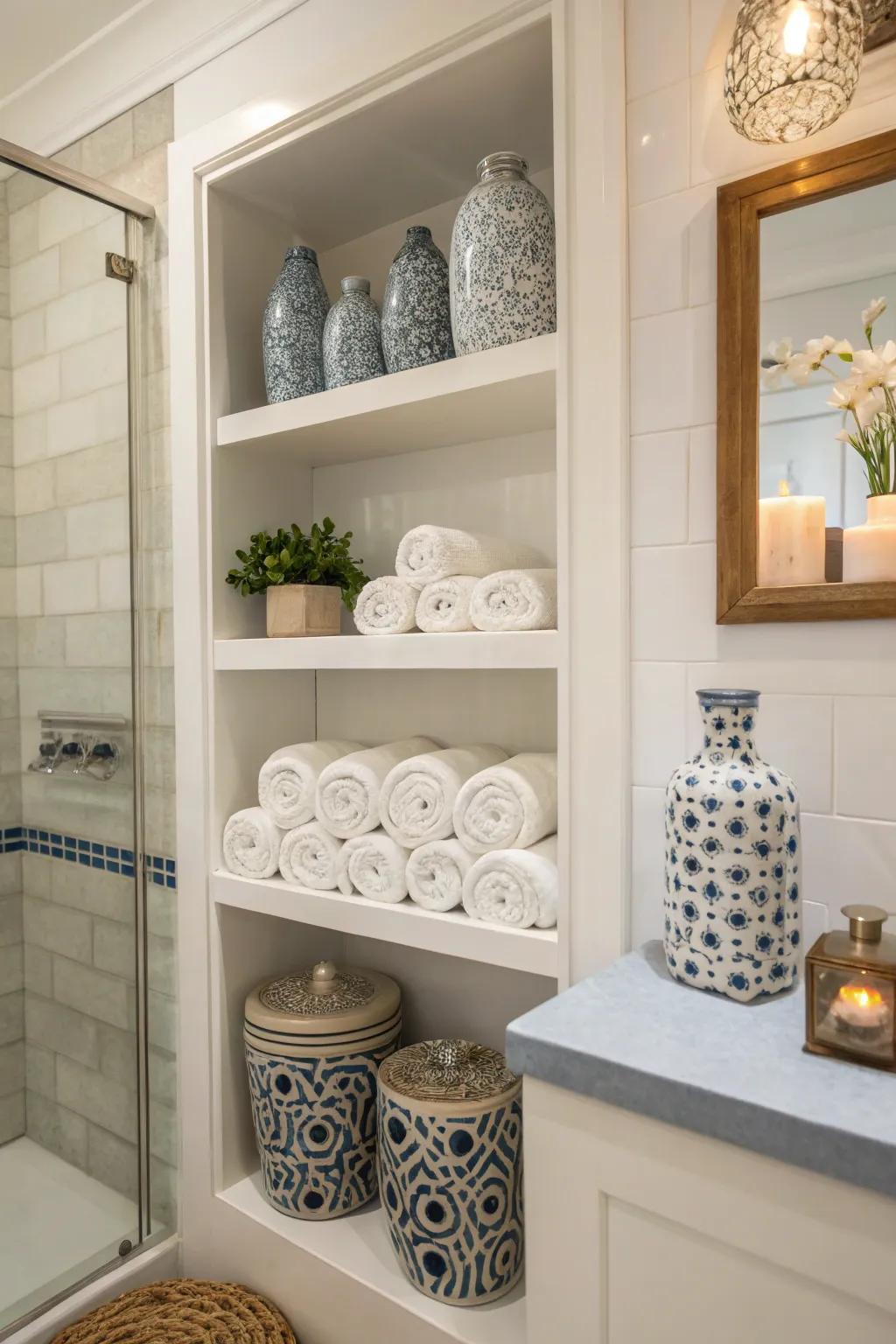 Display shelves with neatly folded towels and sophisticated decor items.