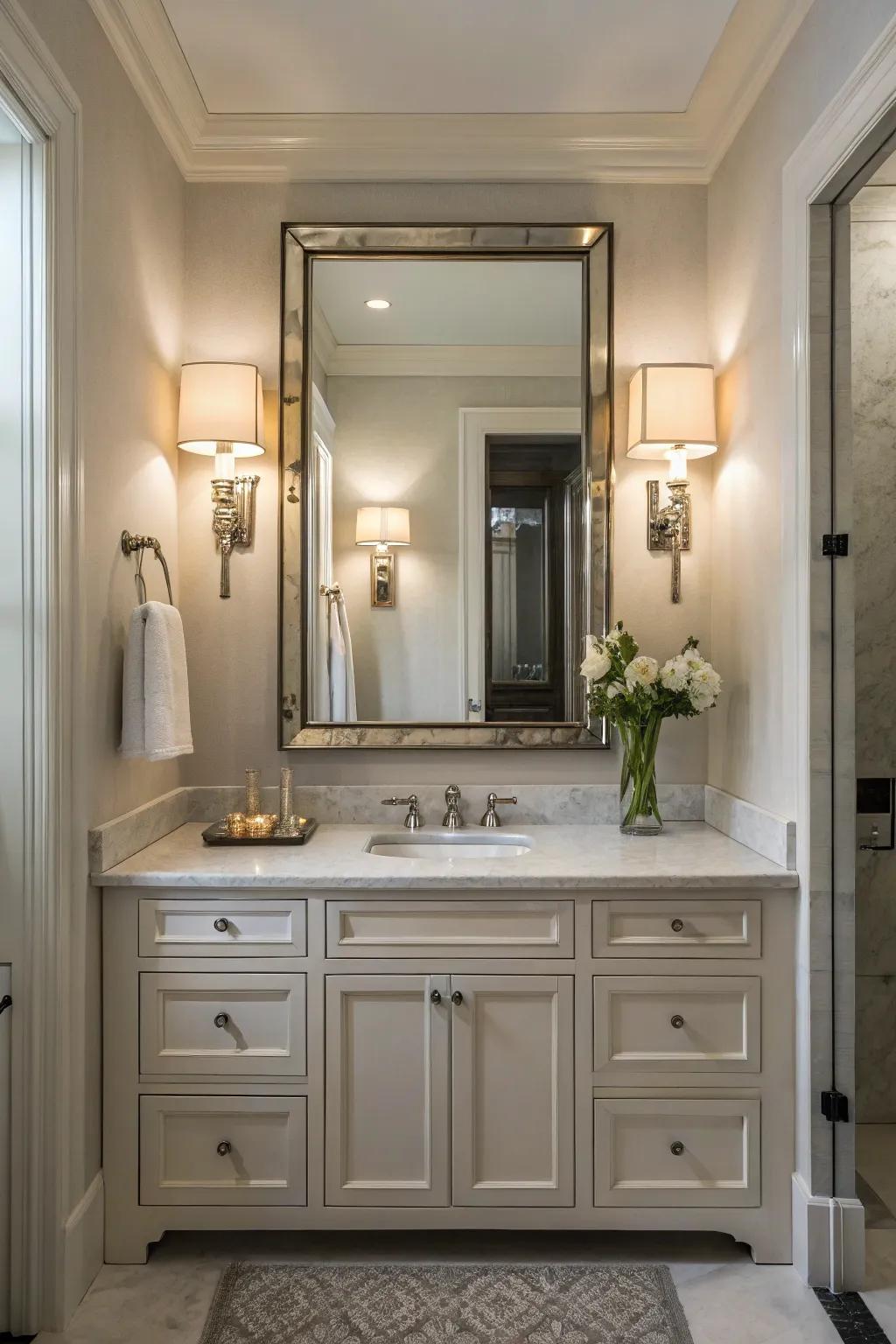 Symmetrical wall lights ensure evenly distributed illumination and refinement.