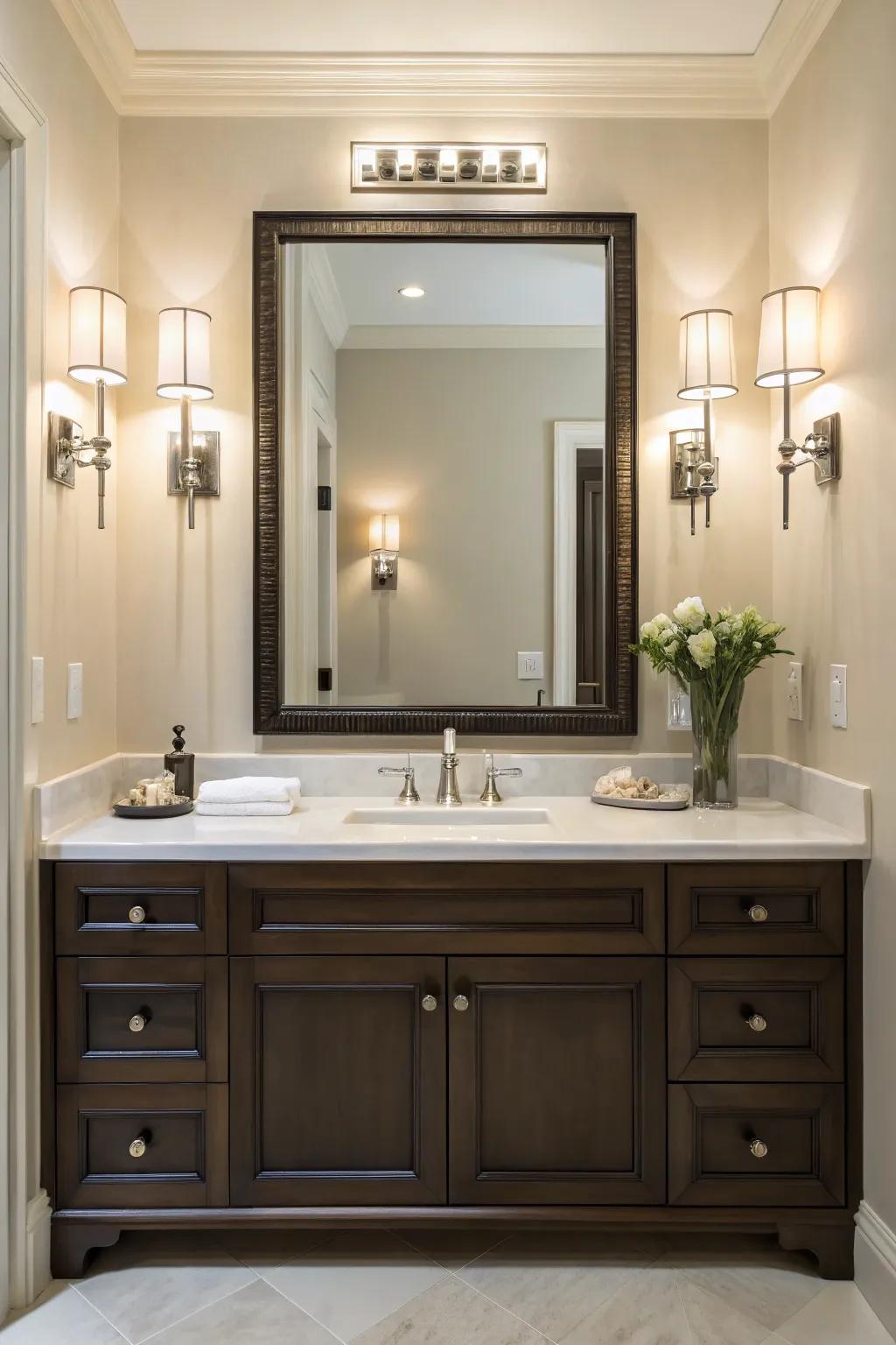 Strategically positioned vanity lights create the ideal setting for a seamless morning routine.
