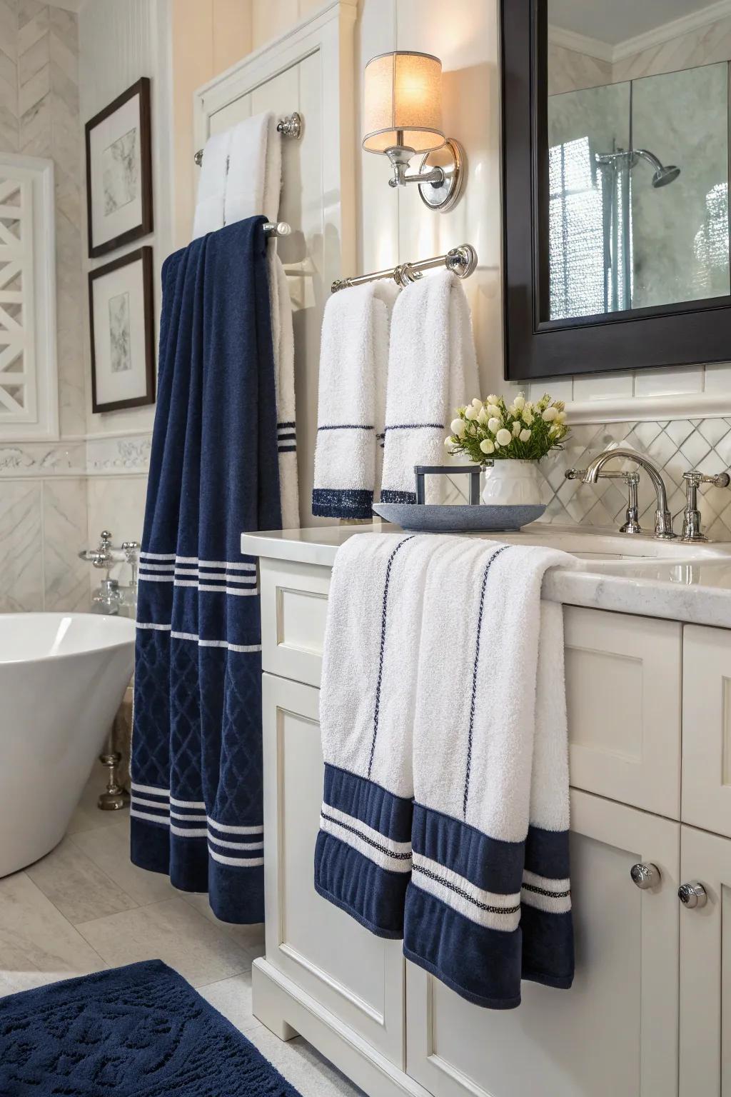 Ocean blue and white towels bring a timeless elegance to any bathroom.