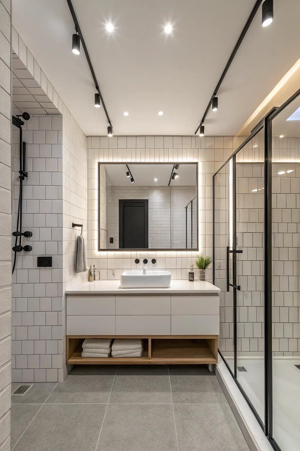 Linear track lighting flawlessly matches a minimalist bathroom's aesthetics.