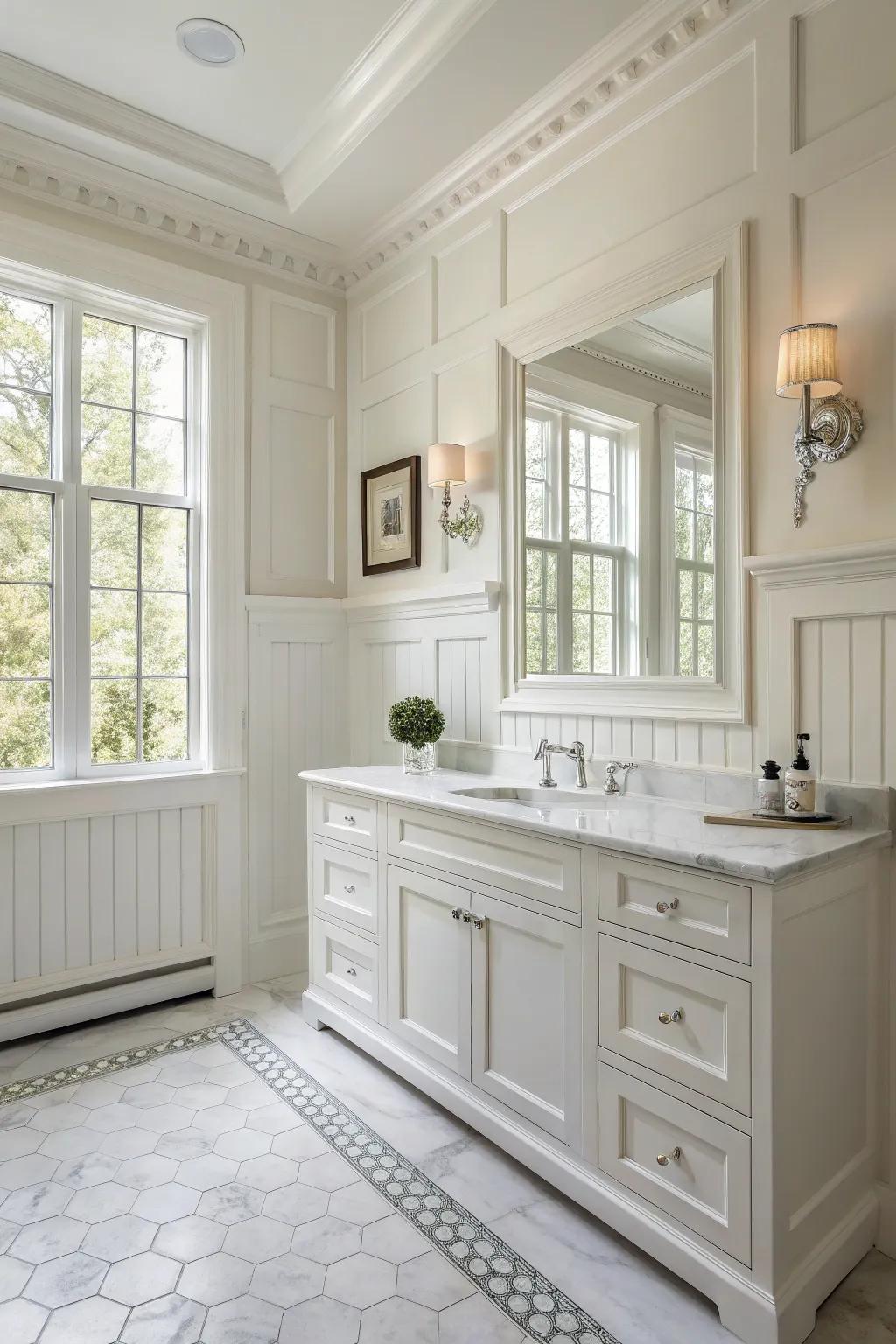 Classic paneling introduces a layer of texture and a welcoming vibe to any bathroom.