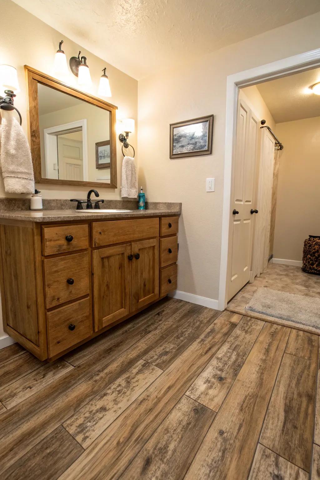 Wood-look floor covering brings a warm, cozy vibe to this bathroom.