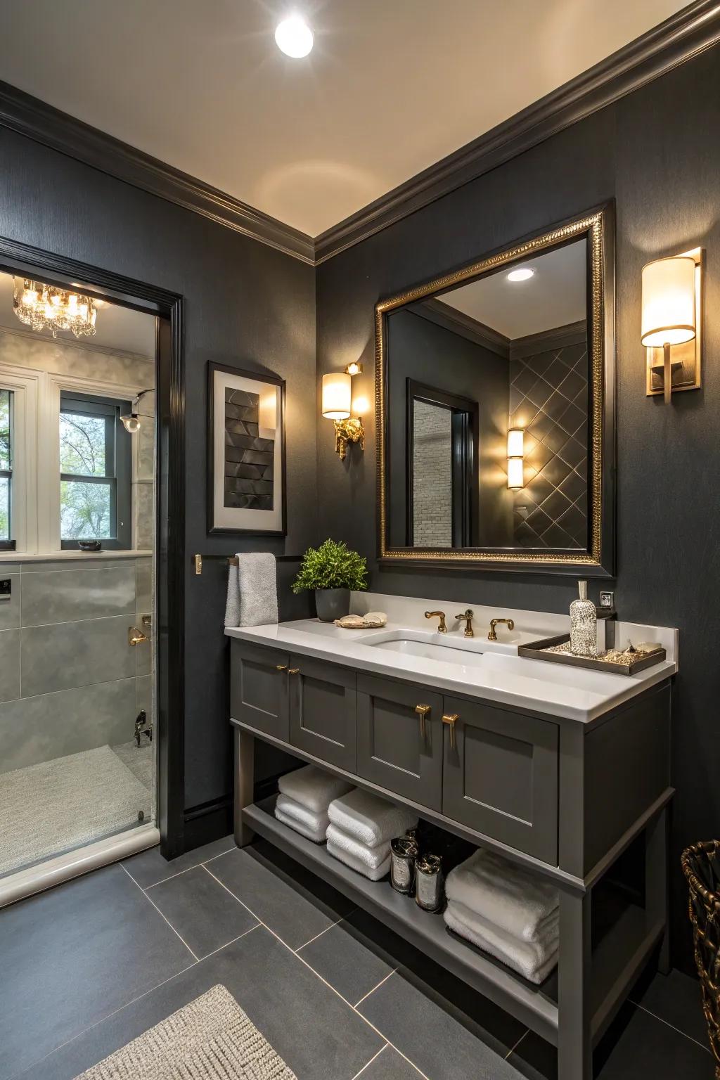Rich, deep walls create a dramatic and comforting bathroom ambience.