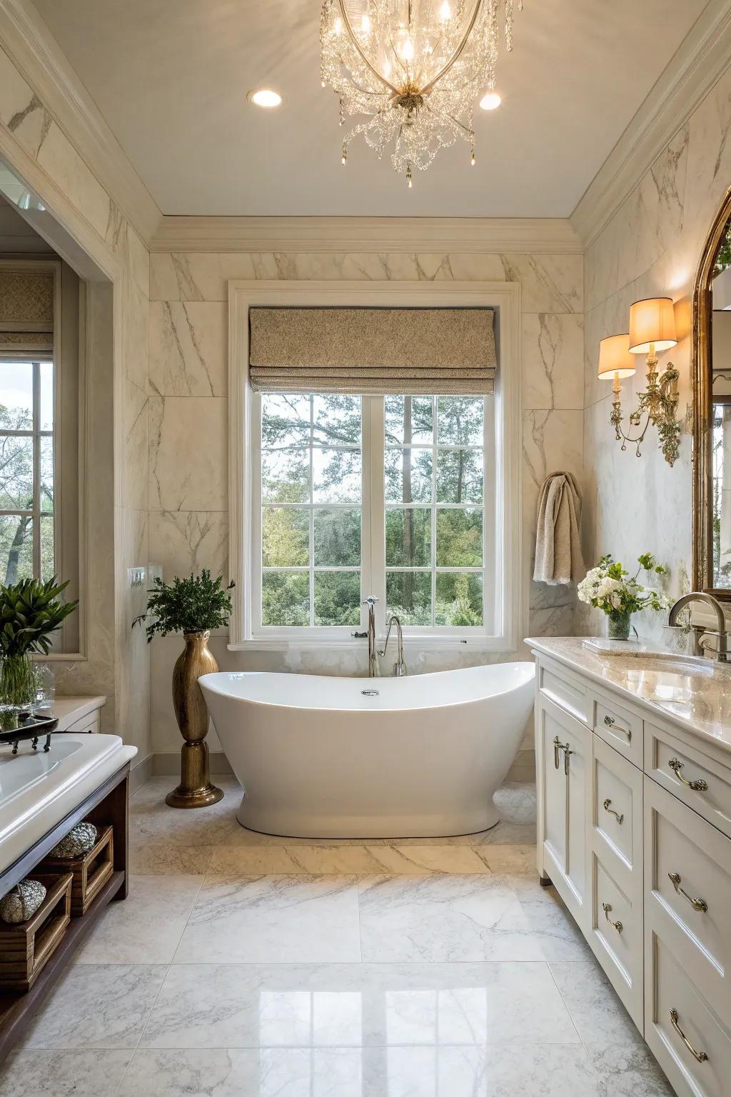 Standalone tub serving as a central design piece, highlighted by chic bathroom decorations.