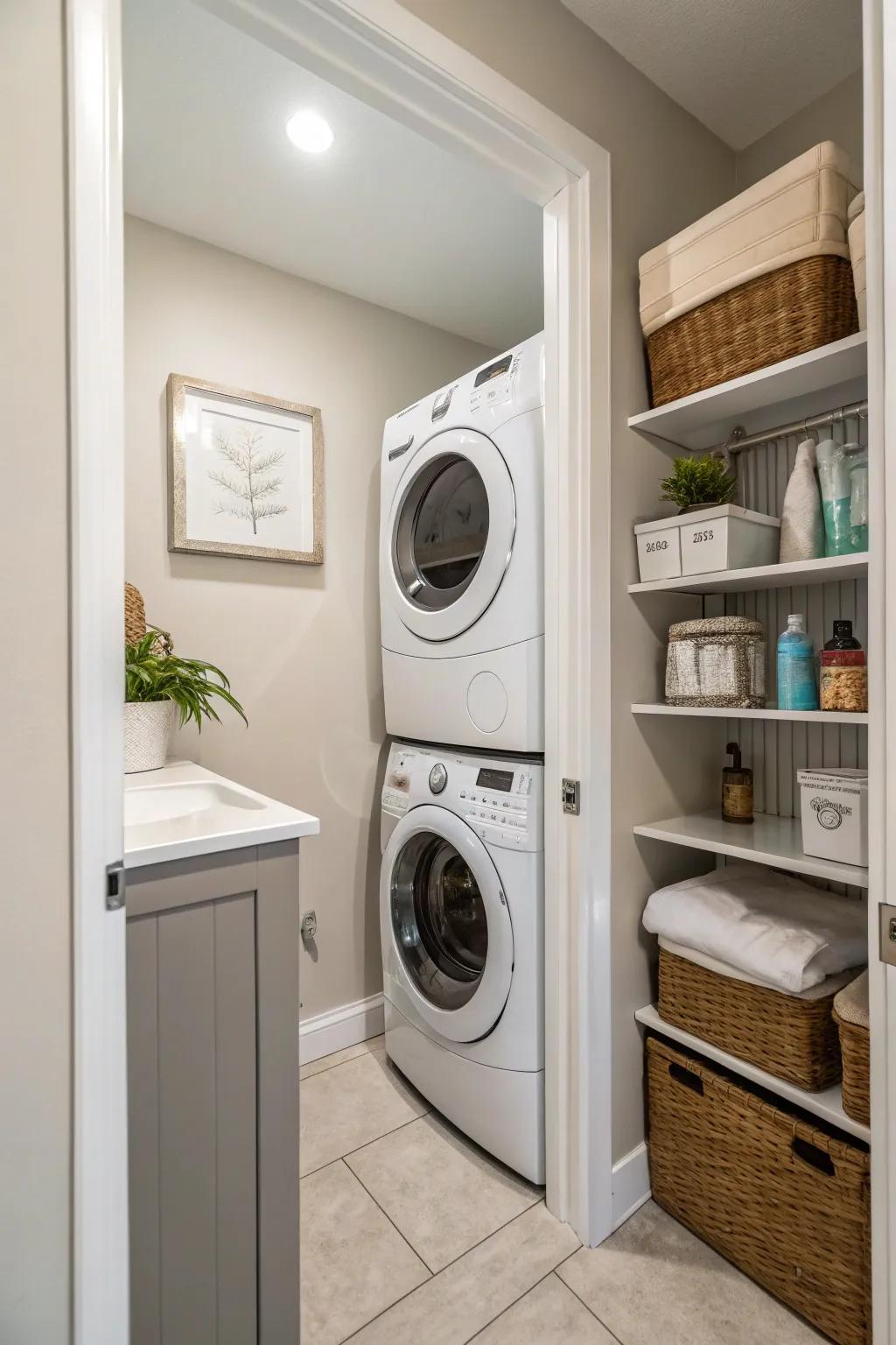 Vertical placement of laundry machines to conserve space and maintain a modern, clean appearance.