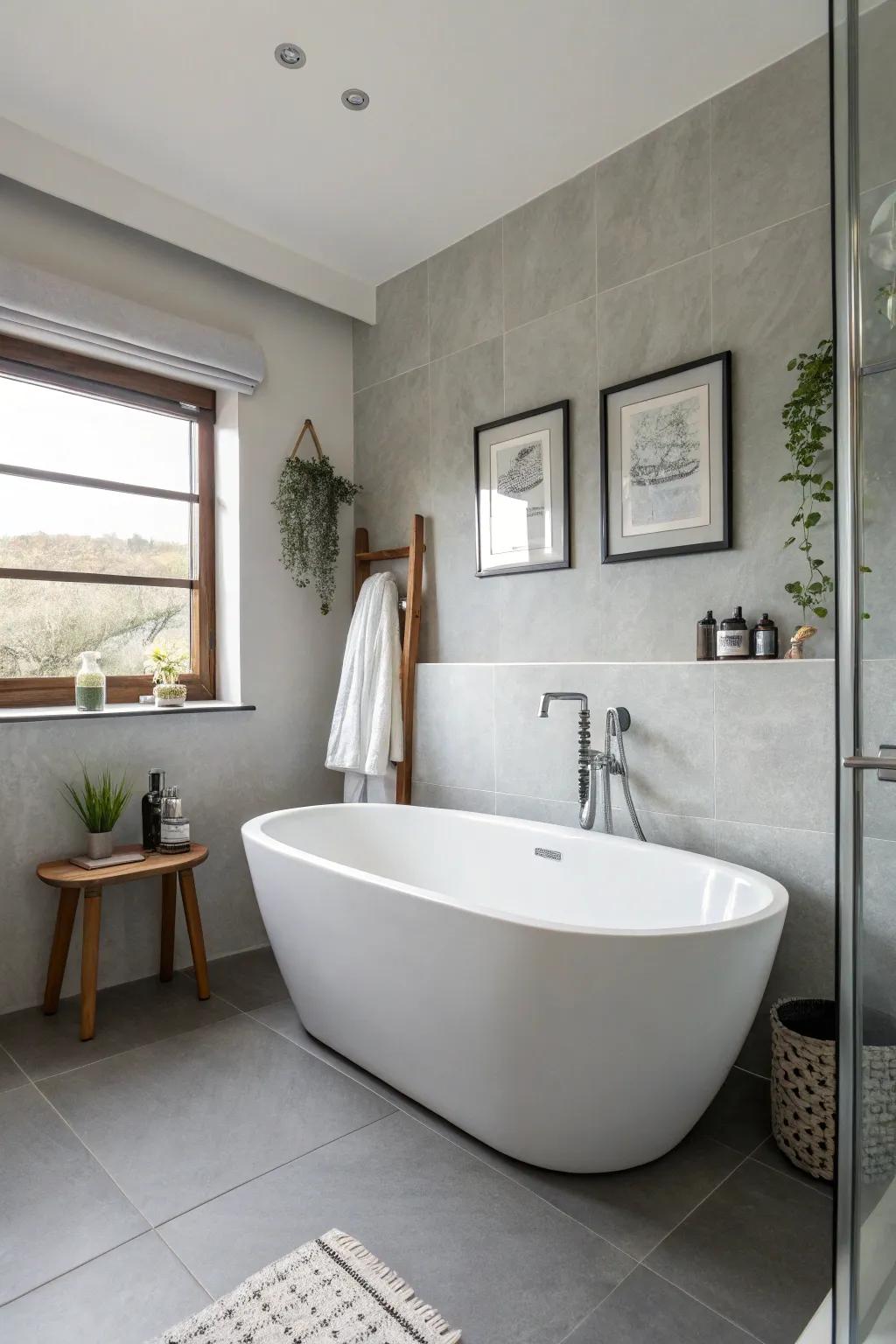 A pristine standalone bathing tub introduces a hint of refinement to a contemporary bathroom.