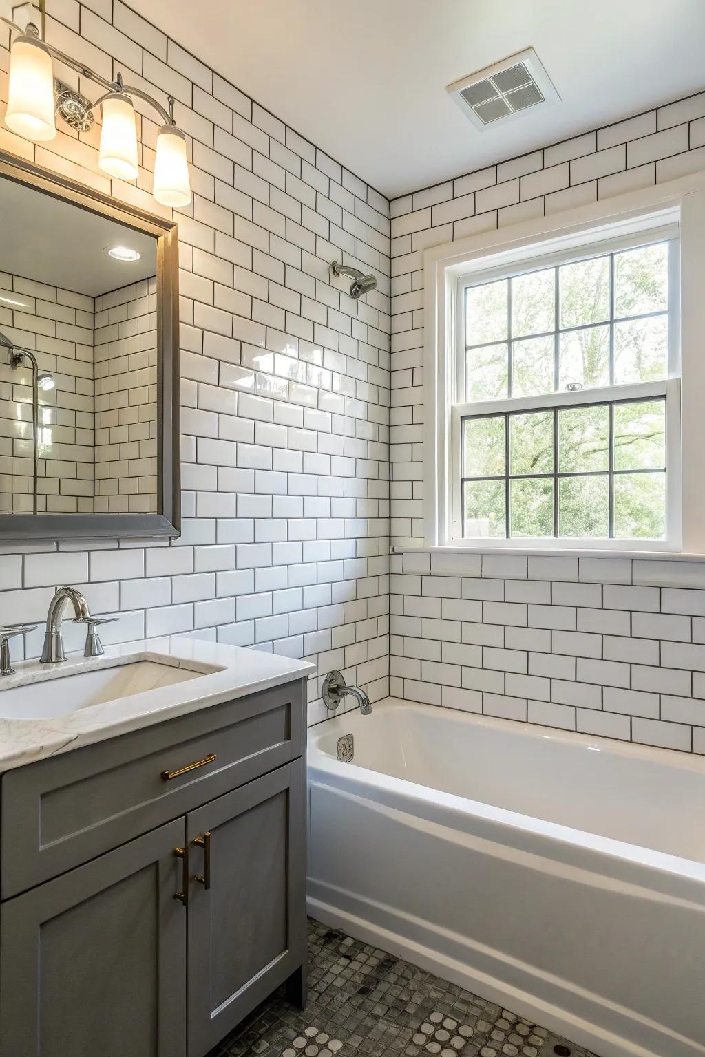 Classic brick-style coverings introduce a timeless refinement to any bathtub environment.
