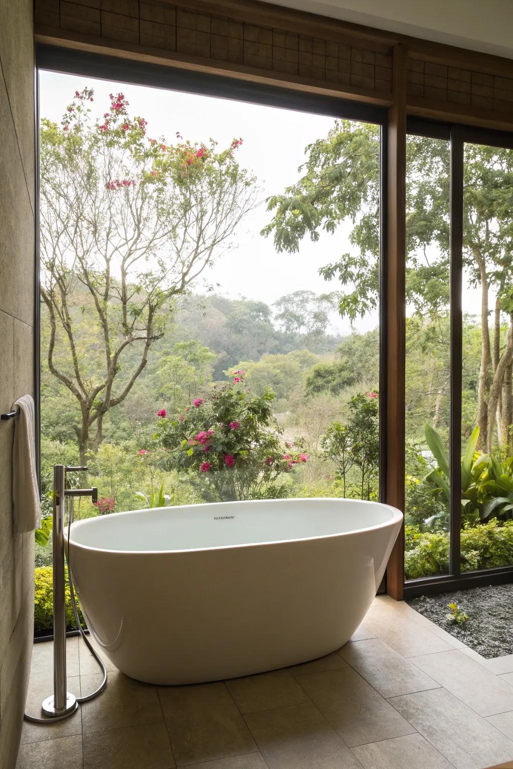 A standalone tub beautifully positioned to capture a serene garden view.