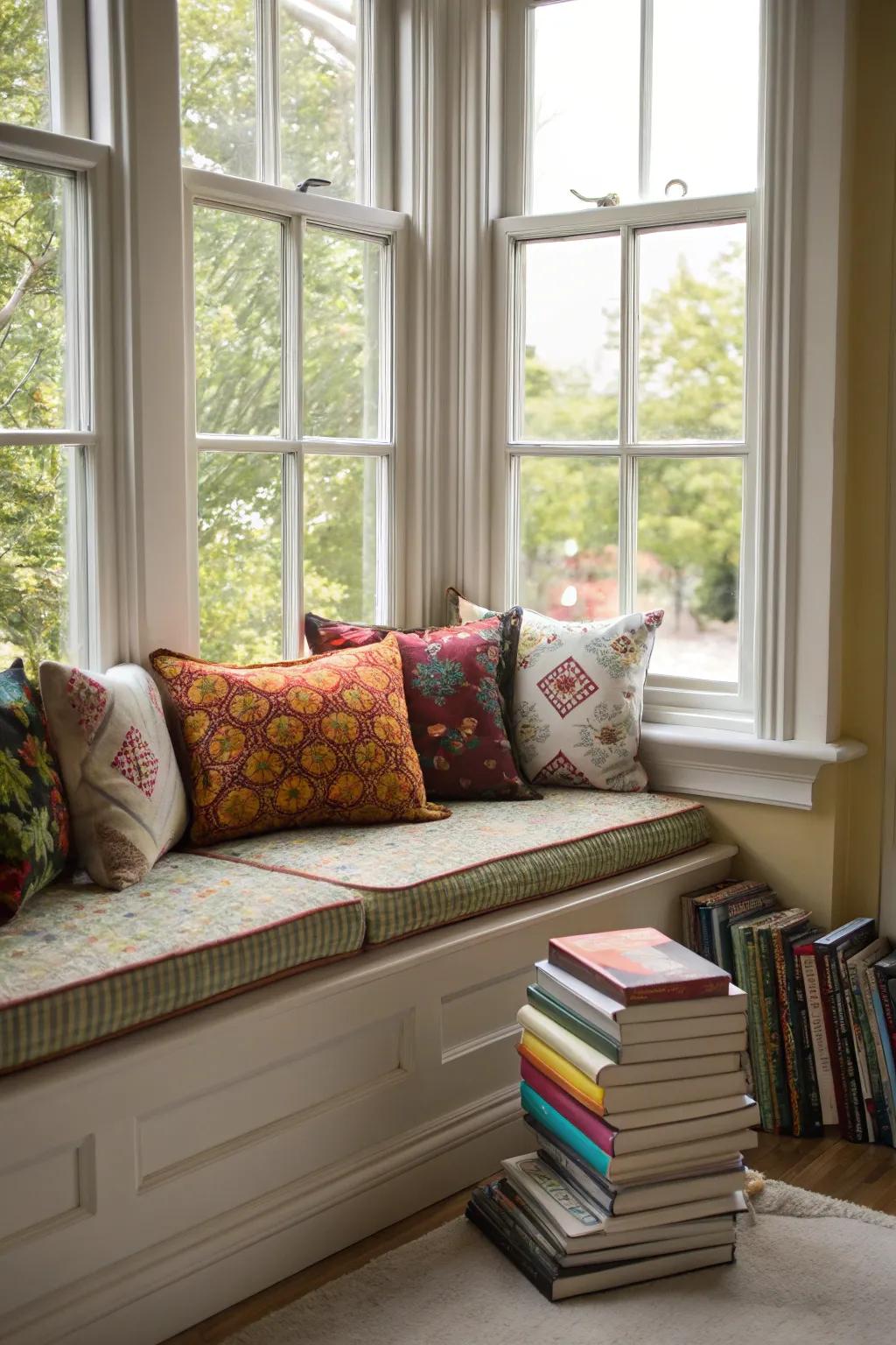 An inviting reading retreat by the bay window is the perfect space for literature aficionados.