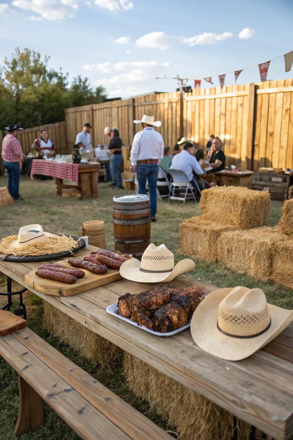 Attendees relishing a Western BBQ Rodeo amidst traditional country decor.