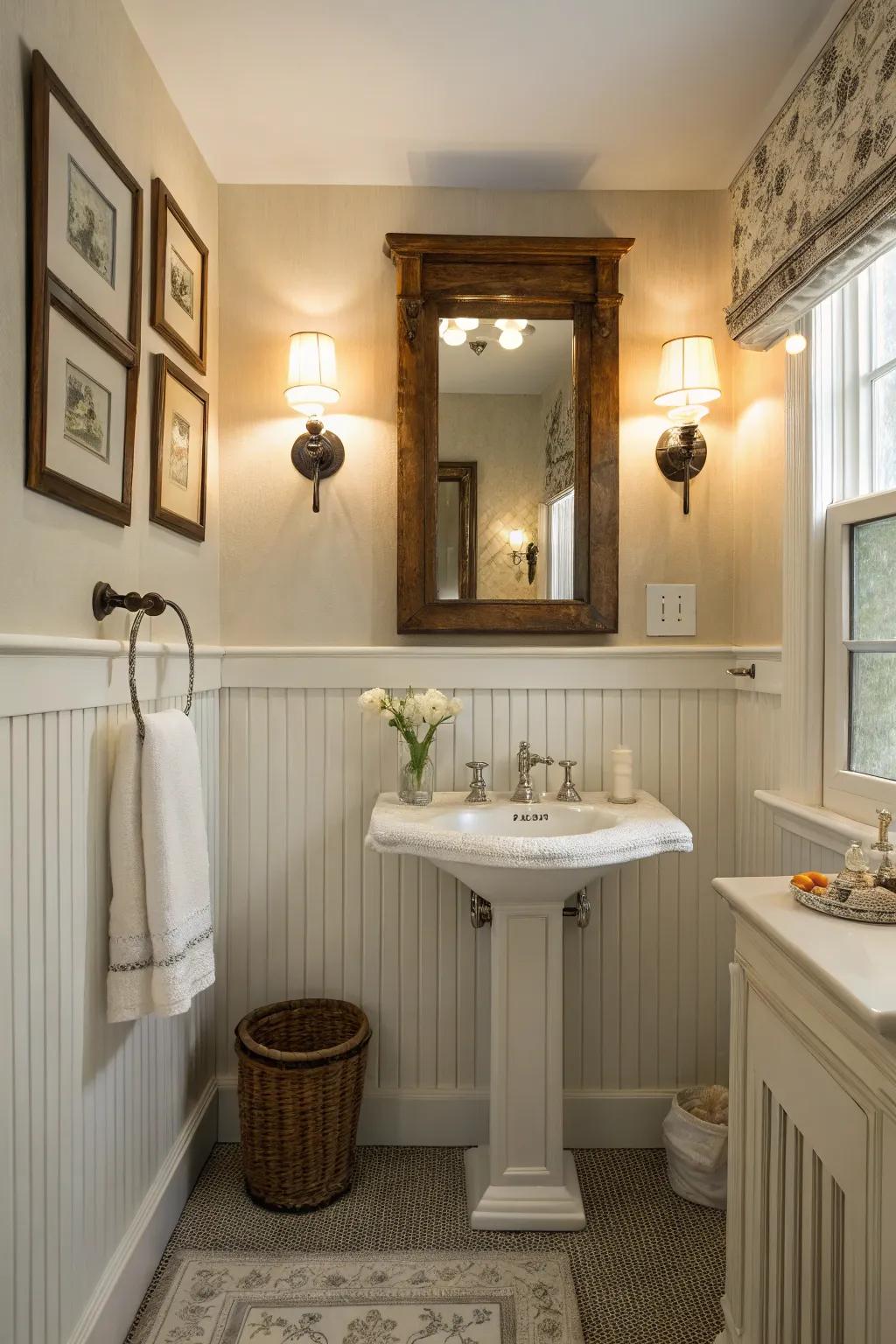 A delightful washroom with beadboard half-walls and a retro looking mirror.