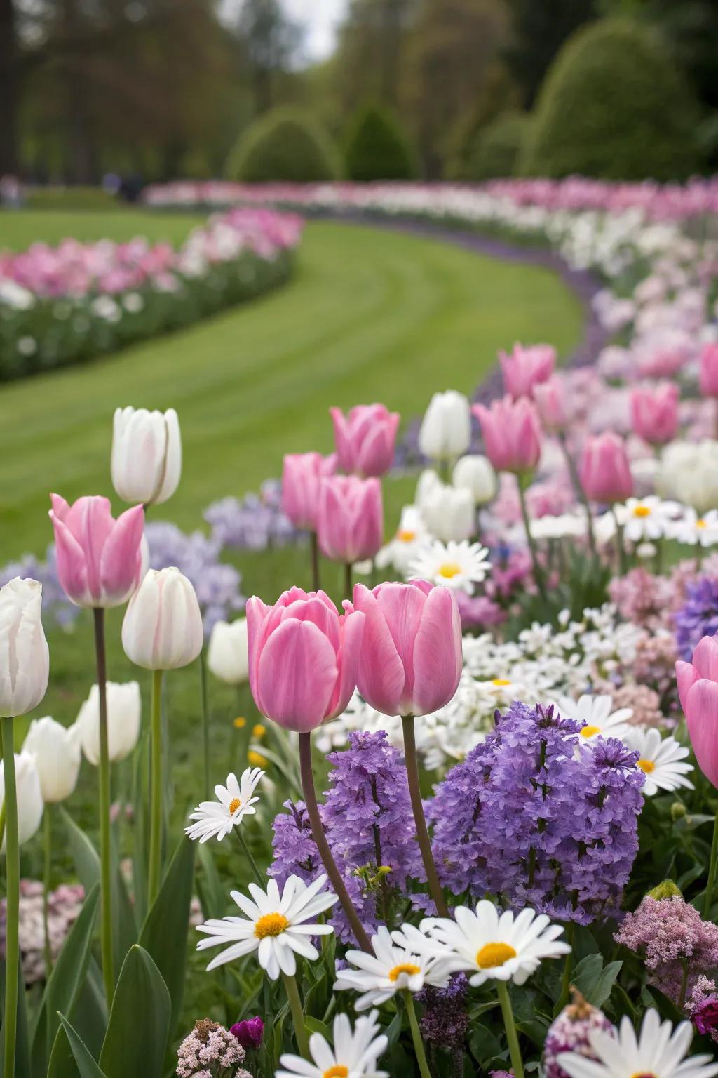 A brilliant flower bed showcasing a medley of tulips, lilacs, and daisies.