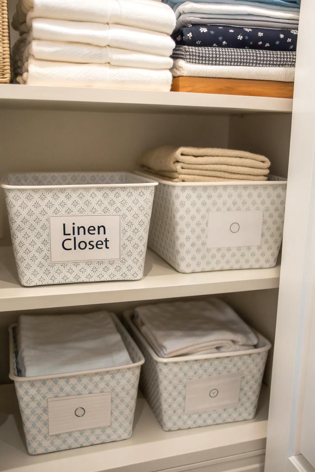 Tagging your storage containers makes discovering bed sheets effortless.