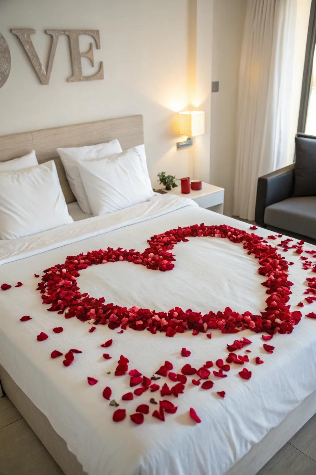 A classic heart made of rose petals adds timeless romantic appeal.