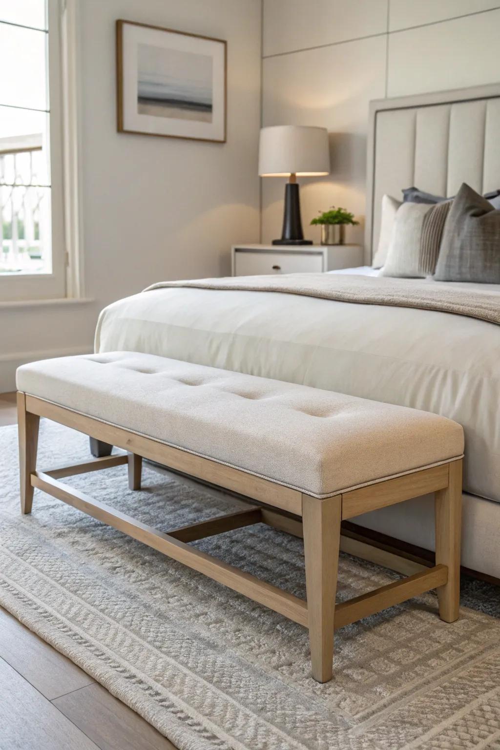 Modern simplicity achieved with a minimalist bench, ensuring a clutter-free aesthetic.