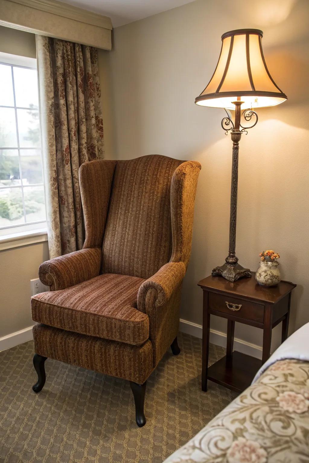 A wingback chair can transform any bedroom corner into a perfect, peaceful reading escape.