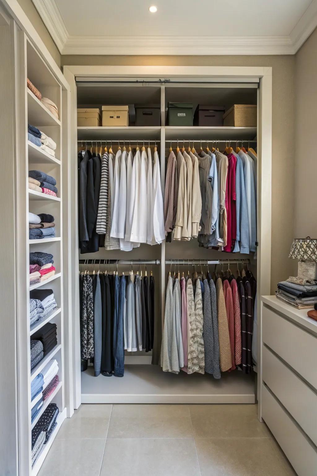 Make the most of vertical space by using double hanging rods to achieve a more organized closet setup.