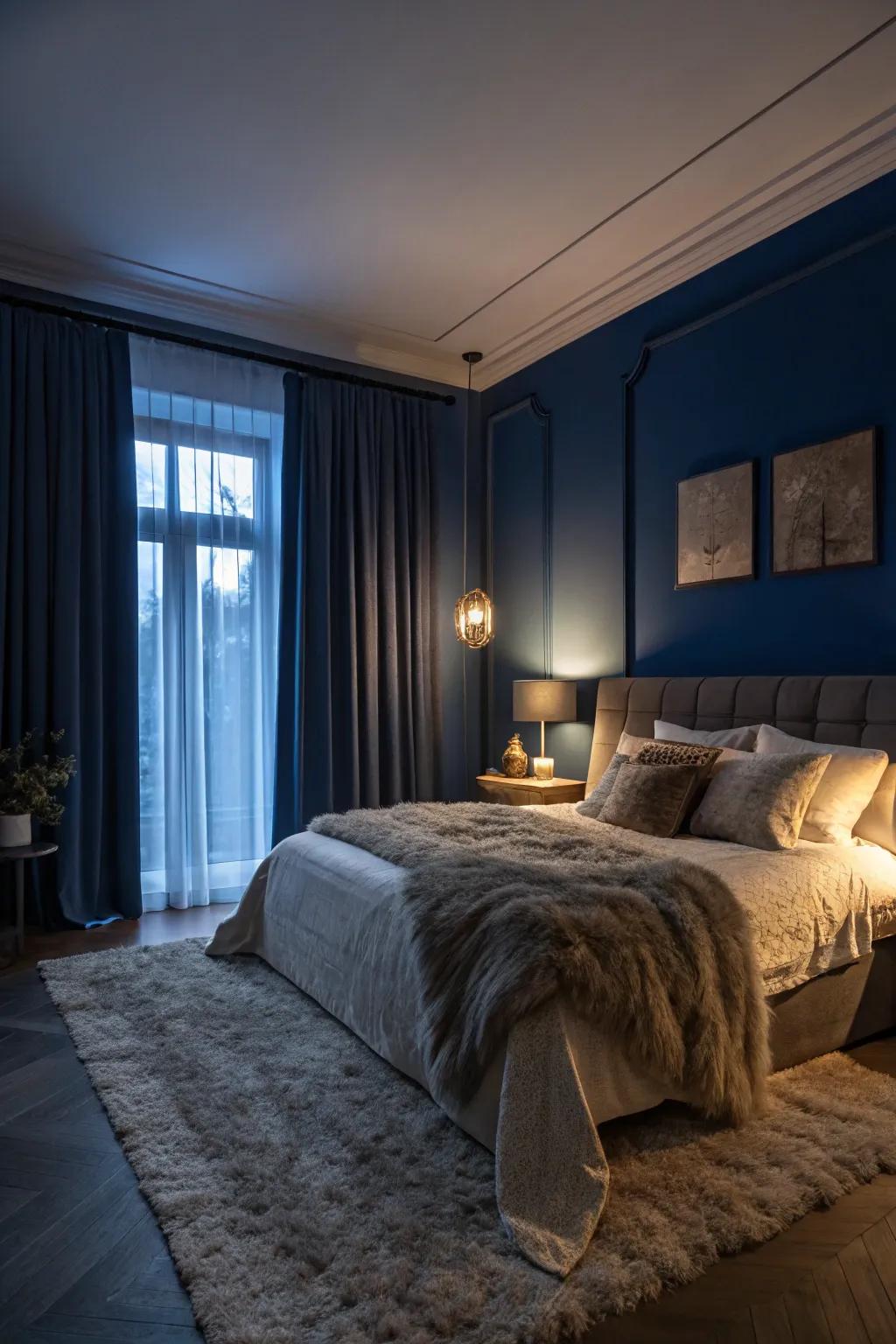 A slumber space swathed in the comforting embrace of deepest blue for a tranquil getaway.
