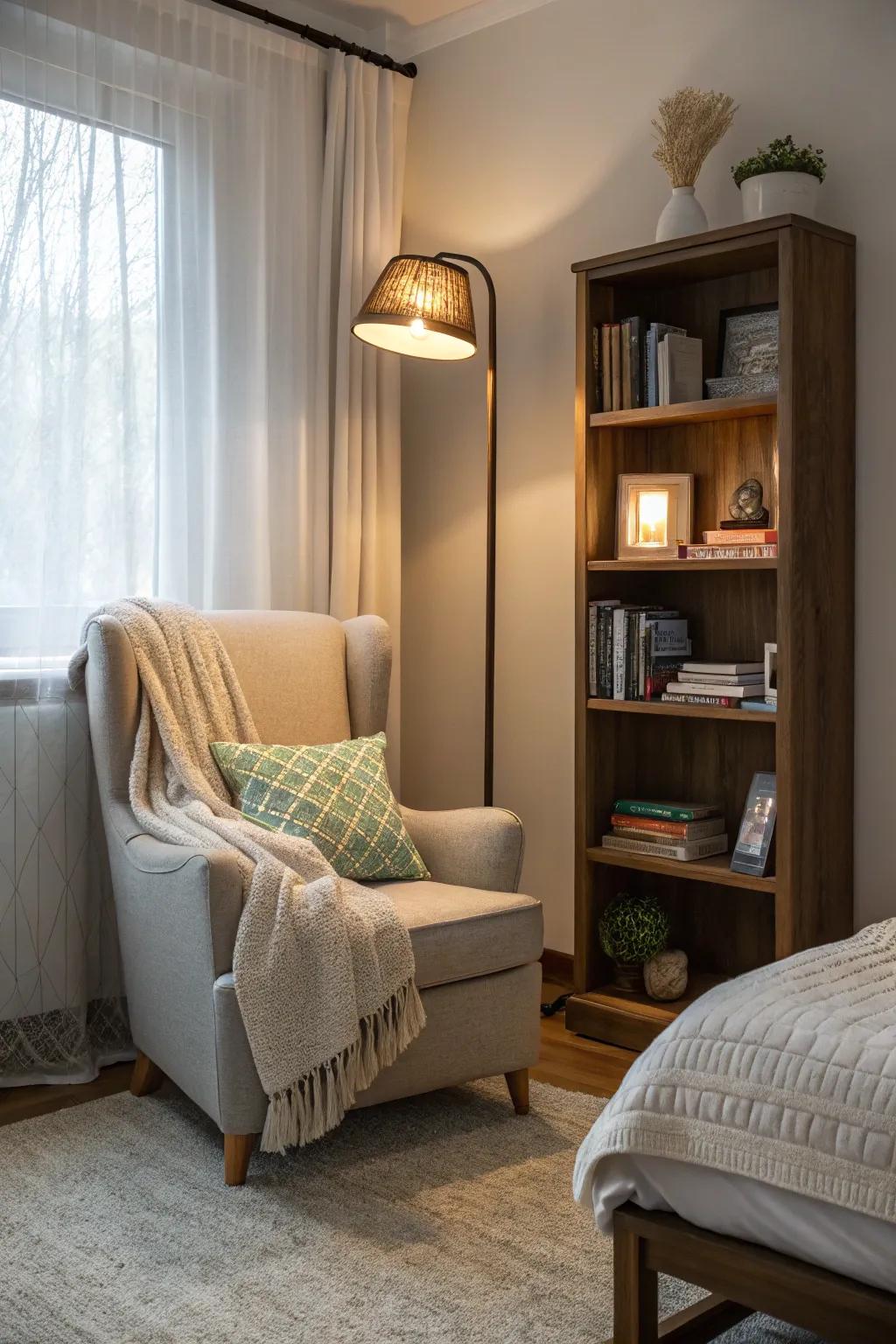Design a reading sanctuary featuring a comfortable seat and gentle lighting.