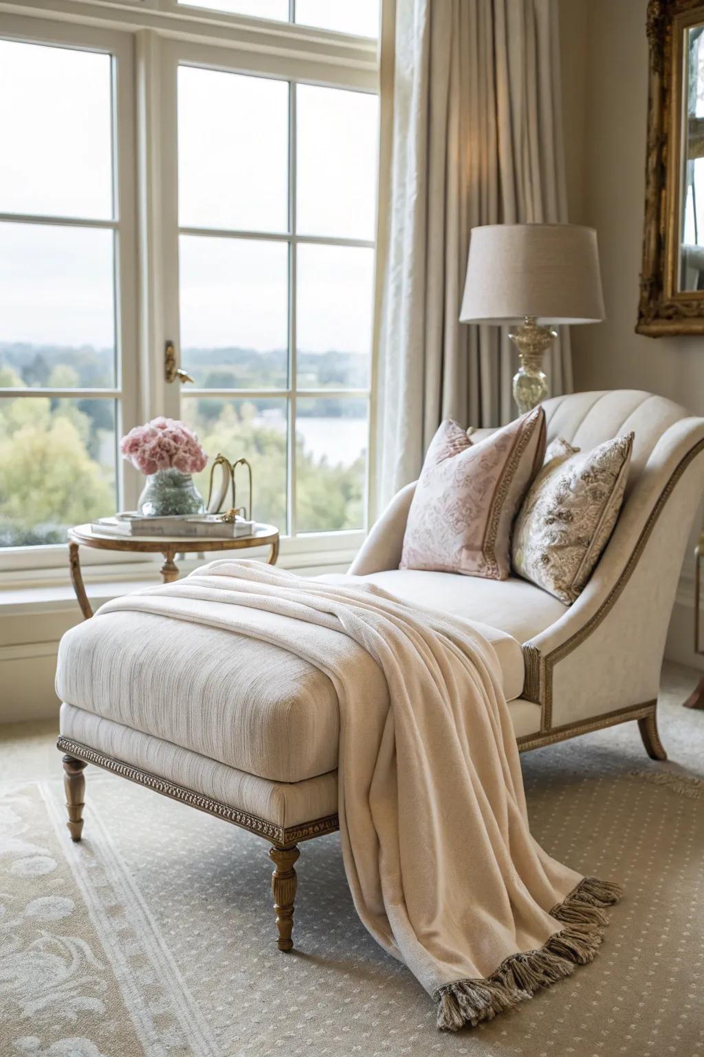 A peaceful sleeping quarters corner showcases a longue chair, great for unwinding and browsing by the window.