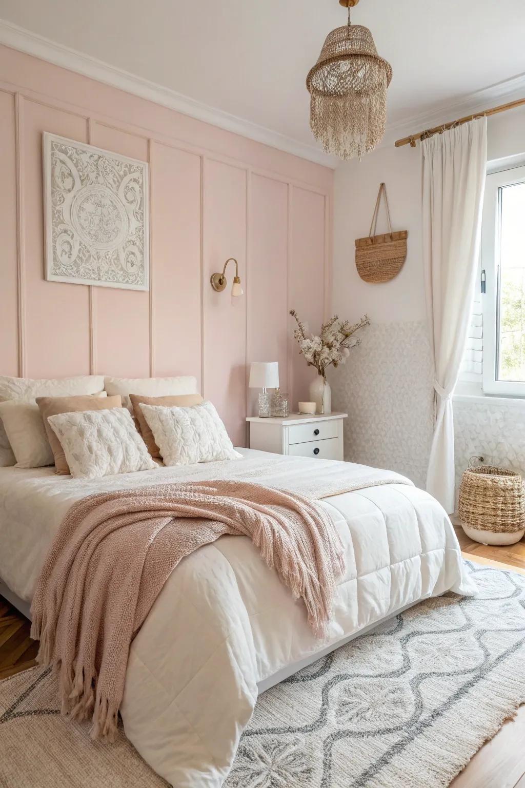A tranquil bedroom featuring gentle pastel walls and ivory touches, the perfect recipe for a restful escape.