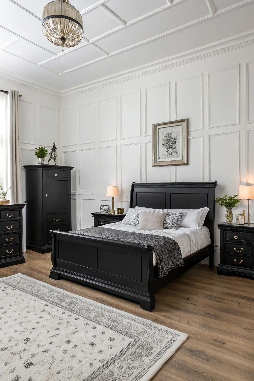 Elegant black furniture stands out against pristine white walls, crafting a timeless ambiance.