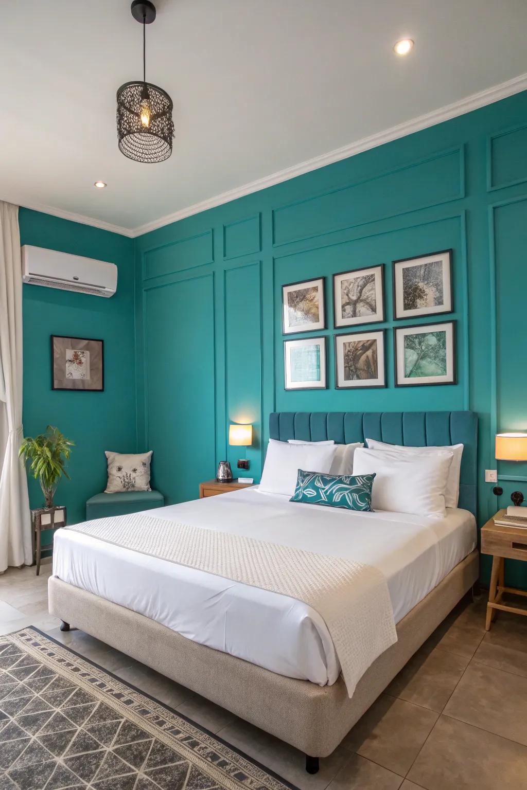 A bedroom design featuring a vibrant azure statement wall that commands attention.