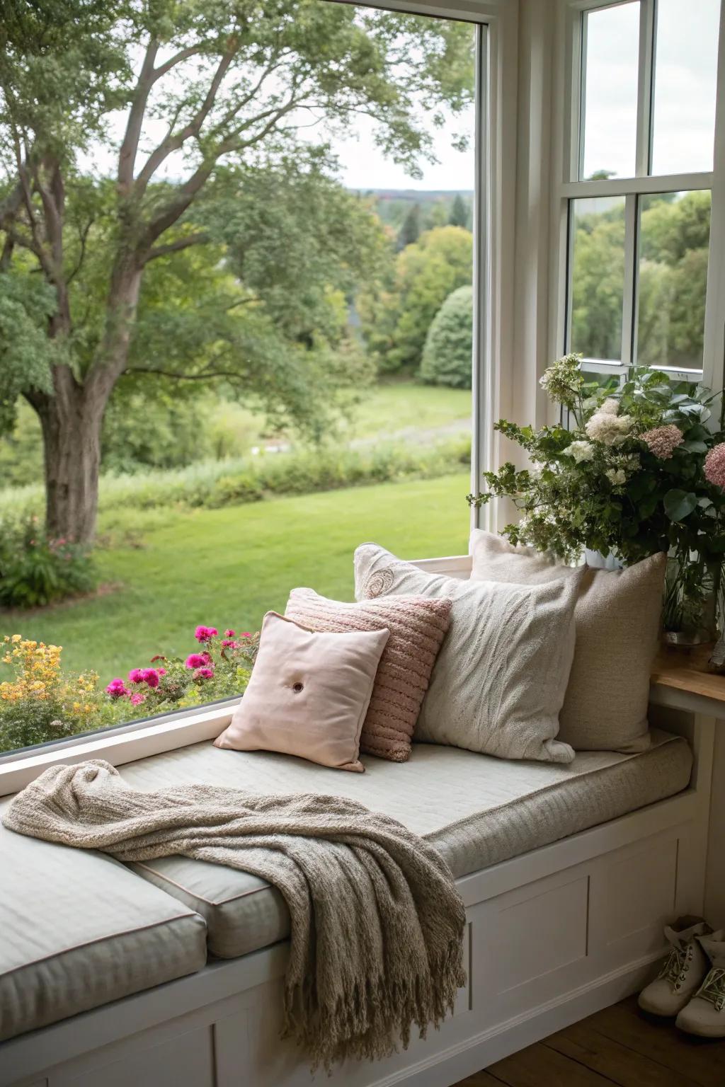 A captivating window seat nestled in a bedroom, offering a quiet and picturesque place to unwind.