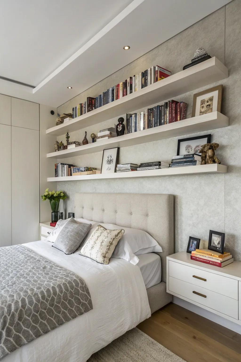 Floating shelves provide a bracket-free, uncluttered look for your bedroom.