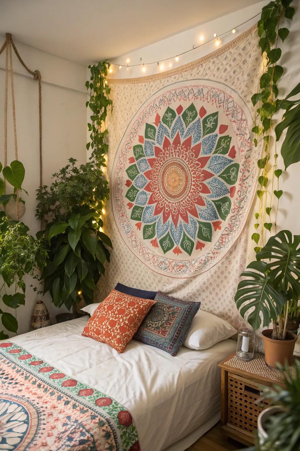 Achieve bohemian dreams with a mandala tapestry.