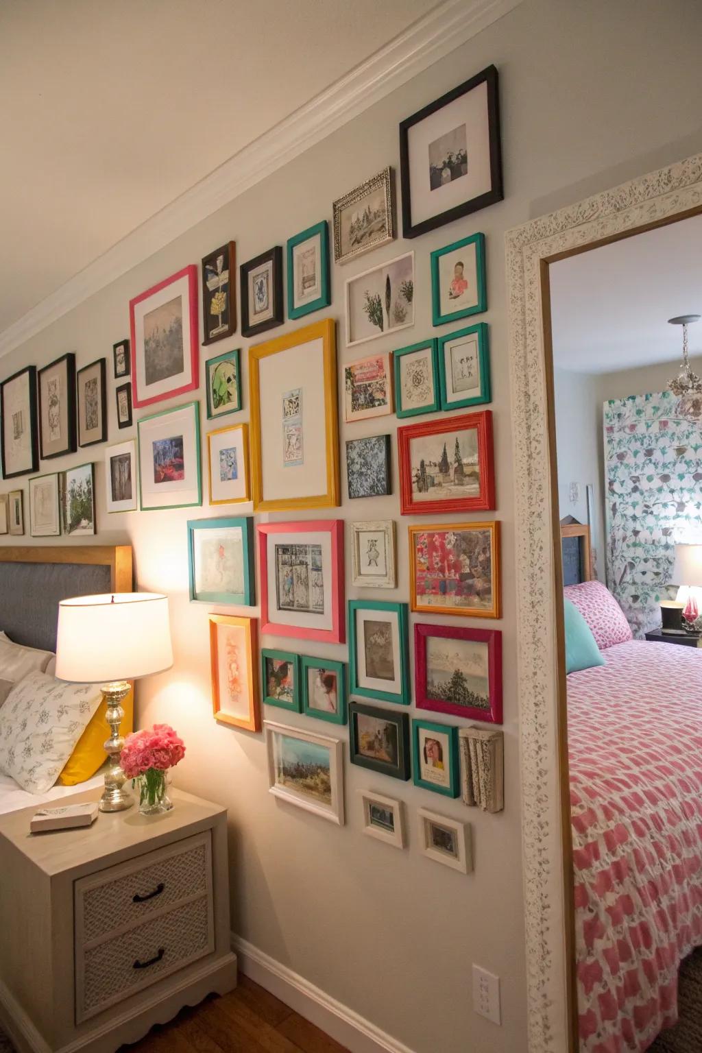 A thoughtfully arranged gallery wall infuses character and style into your bedroom.