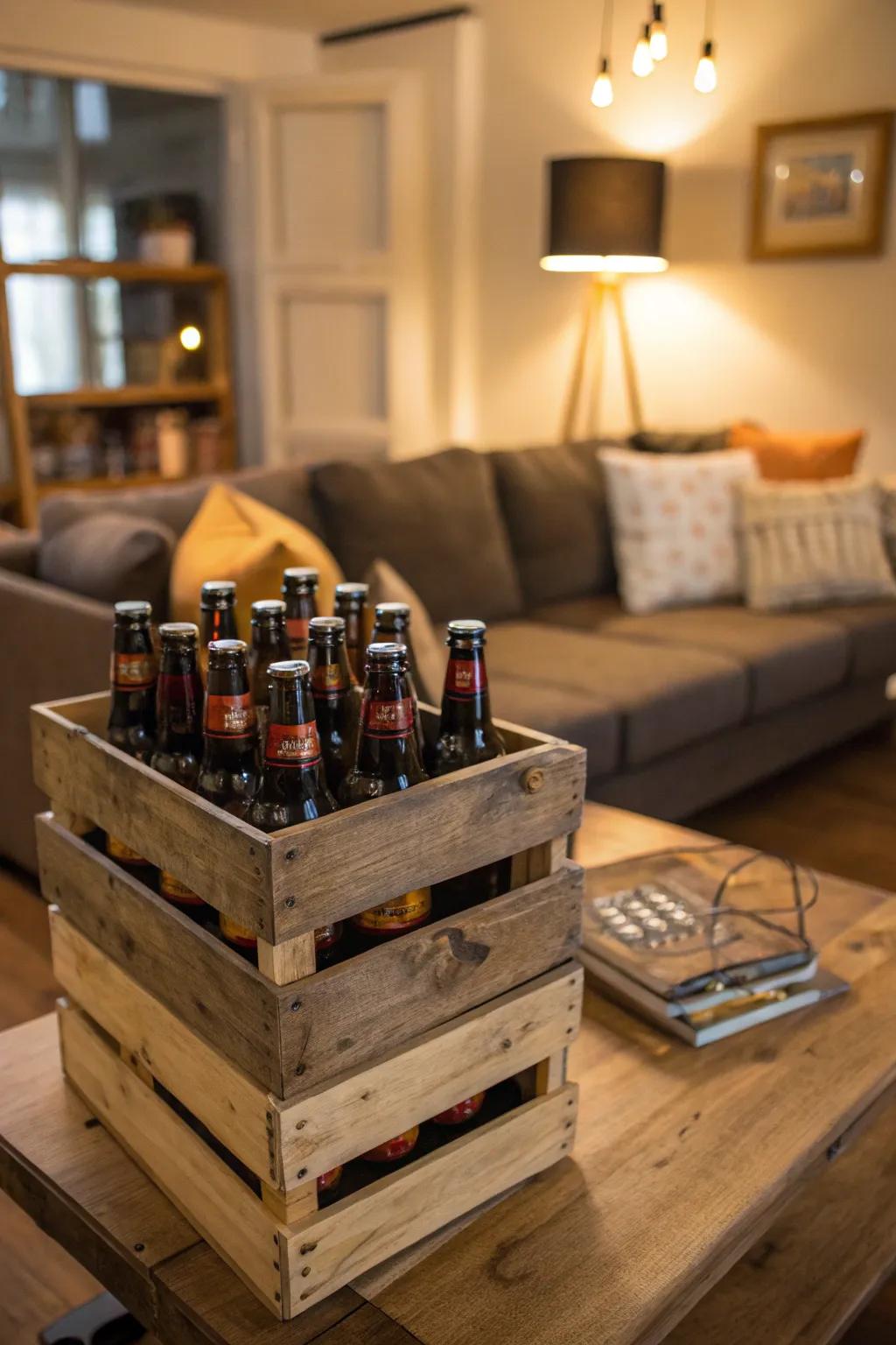 Earthy wood boxes packed with brew bottles in a comfy family room scene.